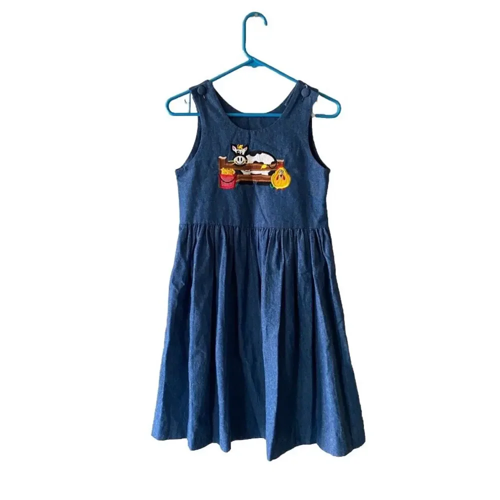 VTG Y2K Copper Key Cotton Blue Denim Cow & Chicken Embroidered Jumper Dress